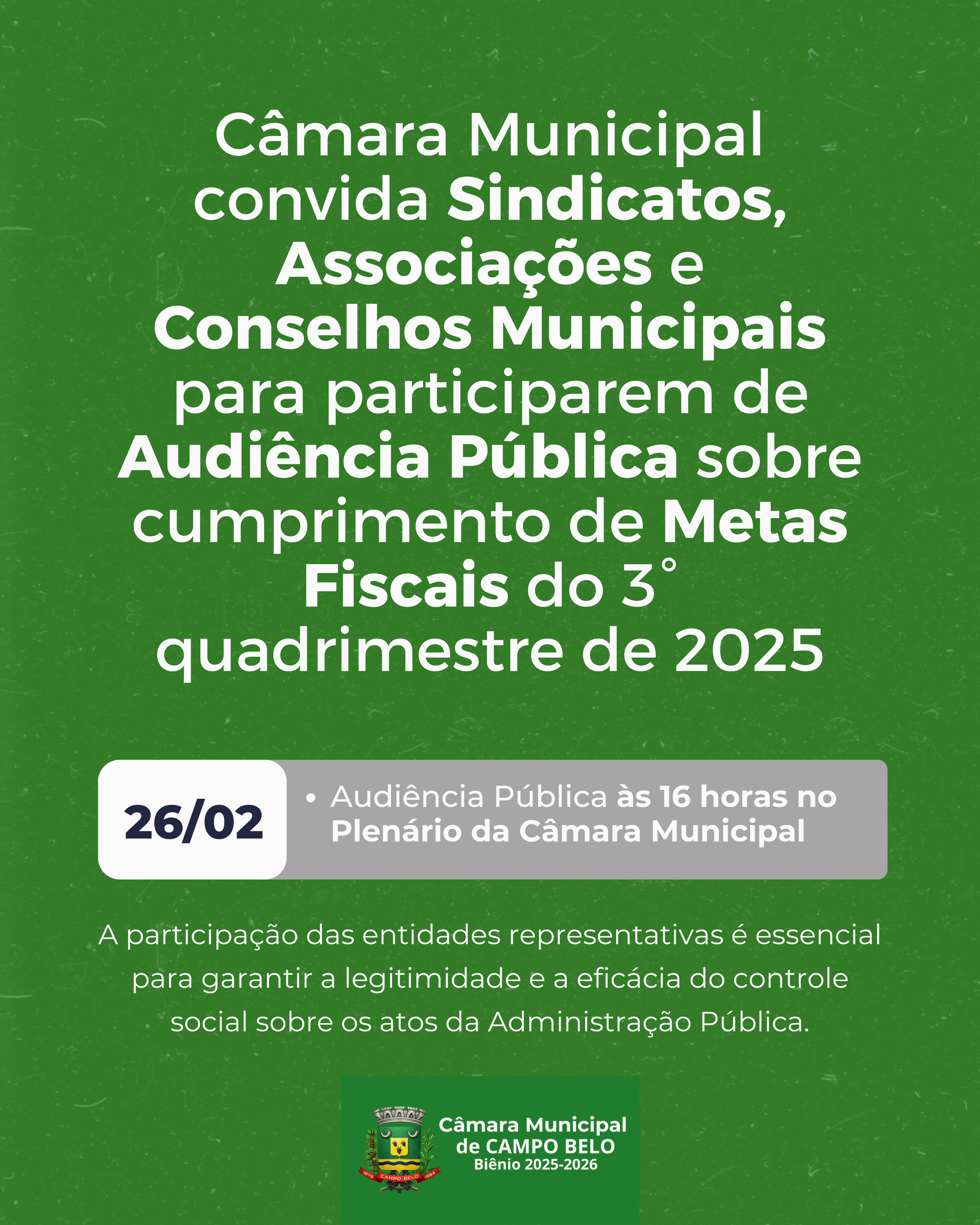 Câmara Municipal convida entidades representativas para Audiência Pública sobre Metas Fiscais