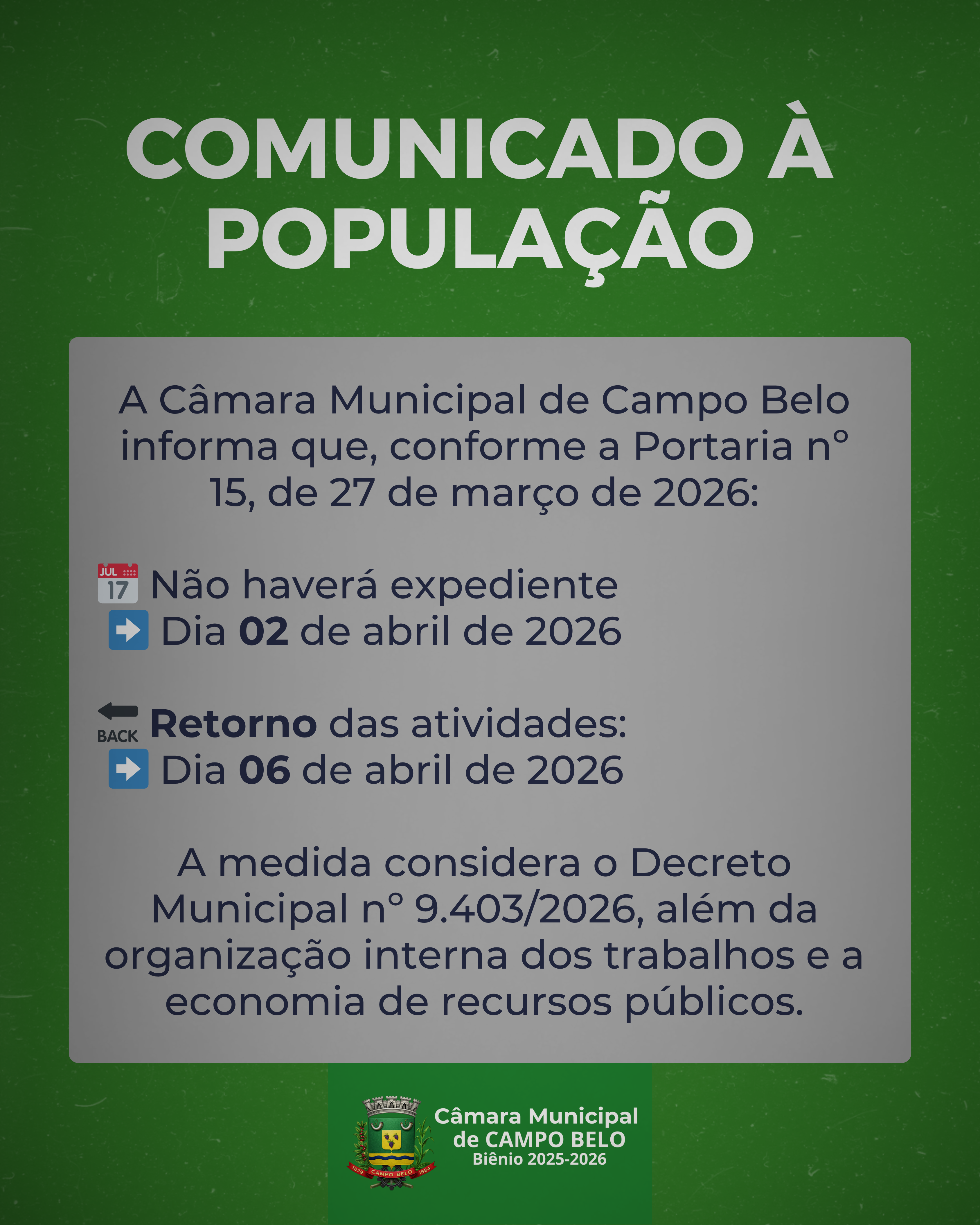 Câmara Municipal de Campo Belo não terá expediente no dia 2 de abril