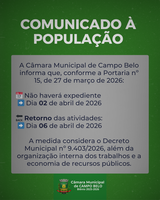 Câmara Municipal de Campo Belo não terá expediente no dia 2 de abril