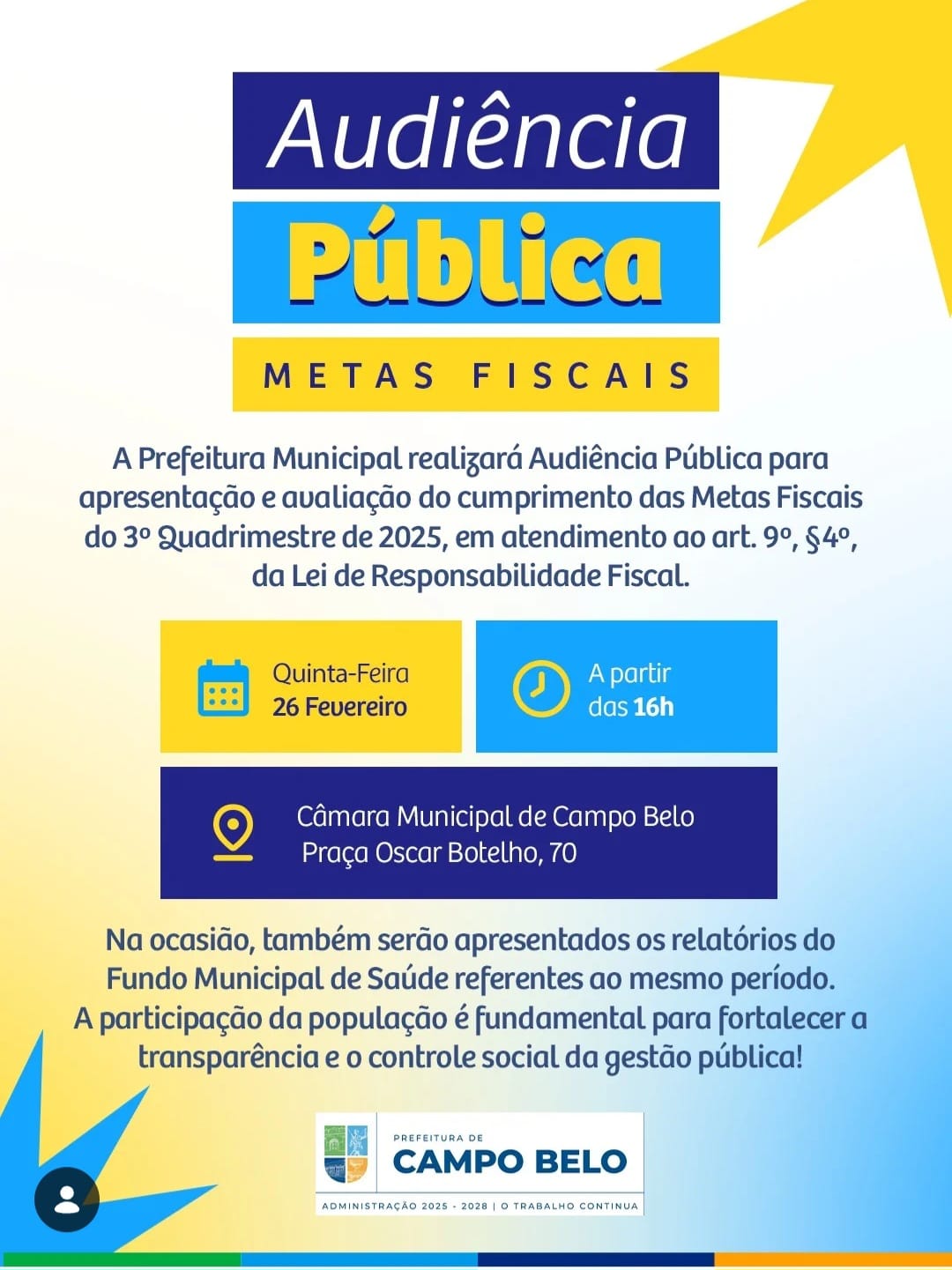 Câmara Municipal promove Audiência Pública para apresentação das Metas Fiscais do 3º Quadrimestre de 2025