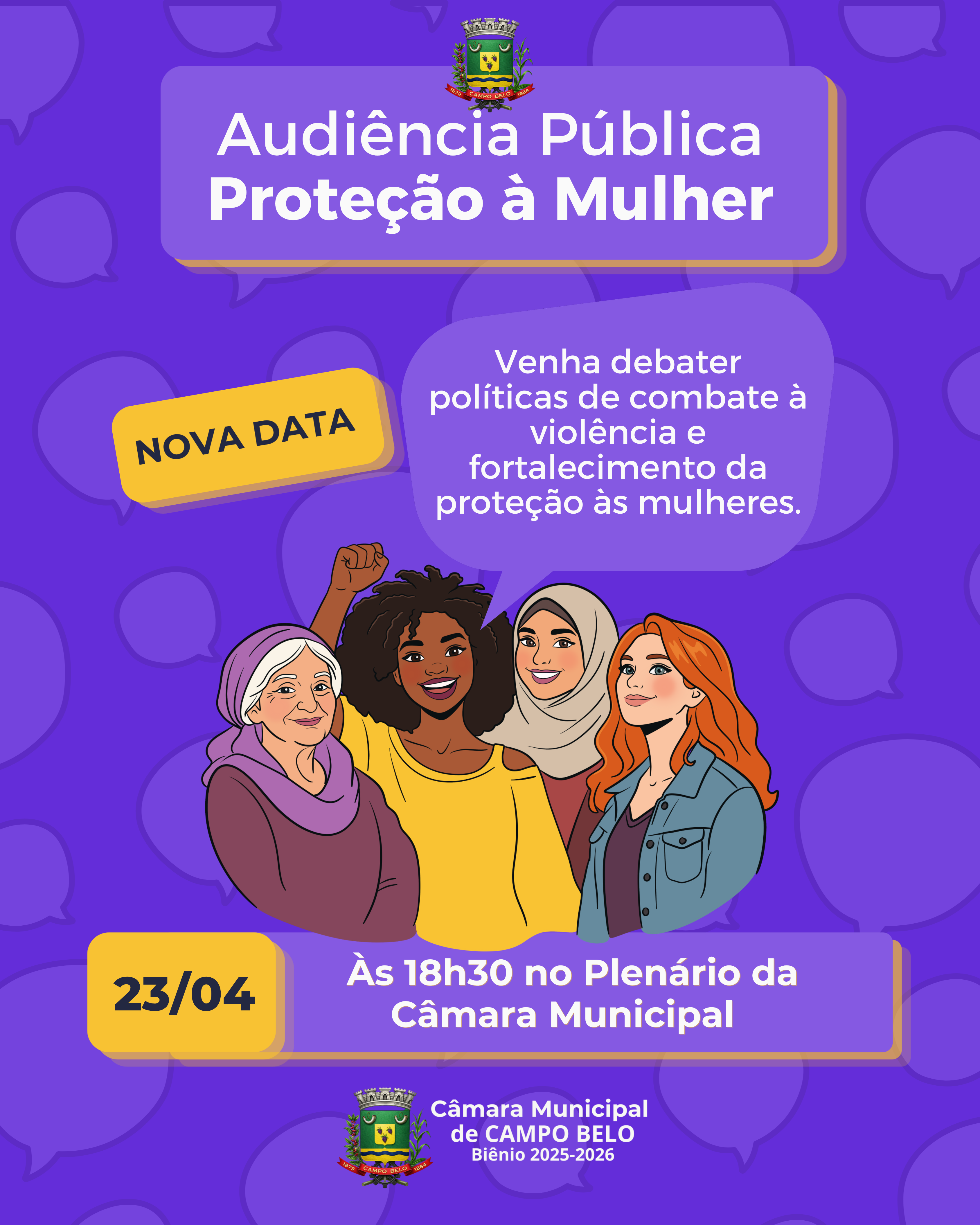 Câmara Municipal remarca Audiência Pública para debater políticas de proteção à mulher em Campo Belo