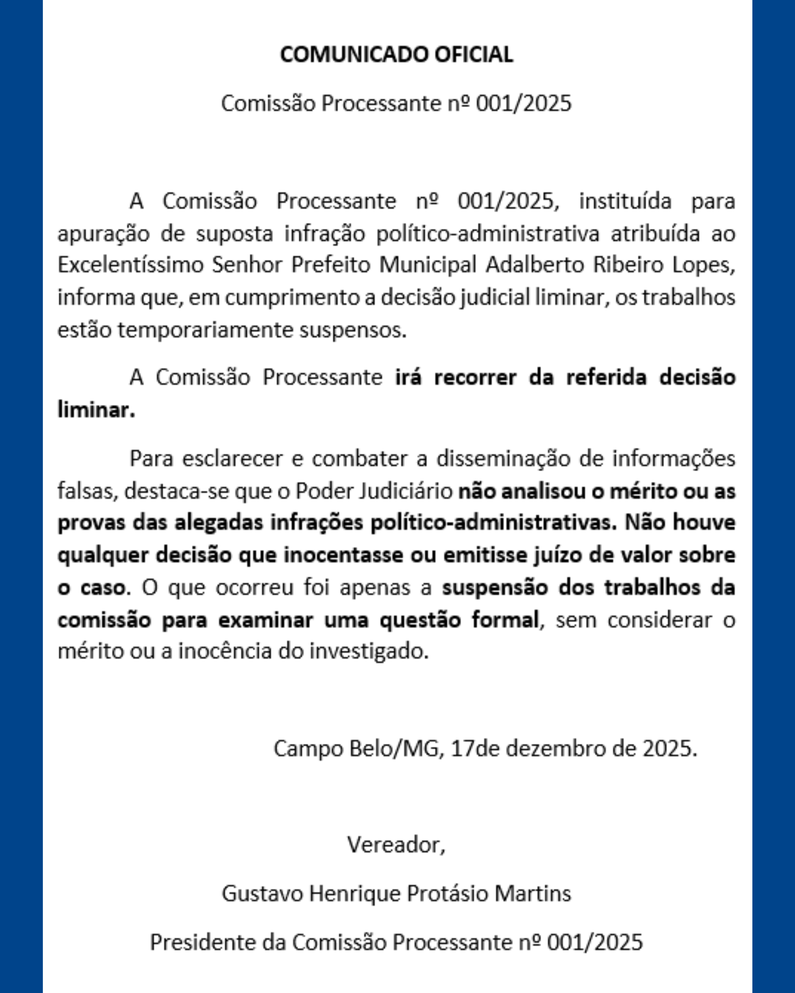 COMUNICADO - SUSPENSÃO DOS TRABALHOS DA COMISSÃO PROCESSANTE
